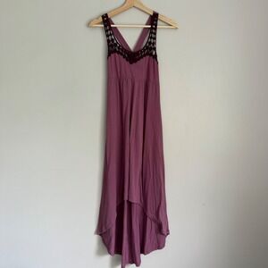 Y2K Mudd Womens Mauve Purple Crochet Lace Trim High Low Empire Waist Dress Small